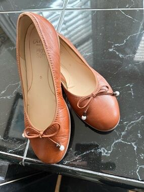 Ara Tan Leather Ballet Flats with Bow and Bead Detail